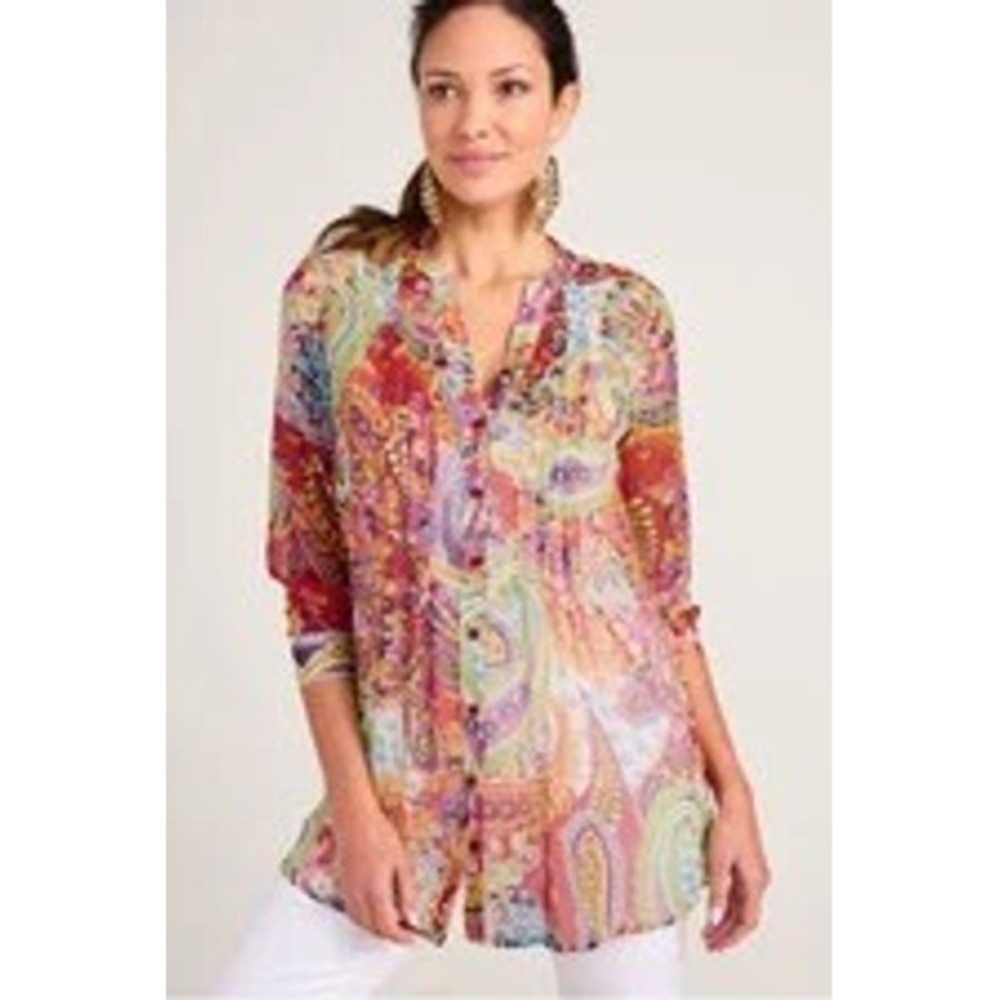 Soft Surroundings Paisley Pintuck Sheer Tunic Top Red Multi 3/4 Sleeve Small